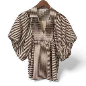 NEW Entro Chocolate Brown Striped V-neck Smocked Top Medium